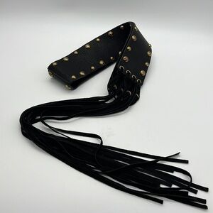 LEATHER ROCK USA - BLACK LEATHER BELT WITH FRINGE AND GOLD STUDS SIZE SMALL